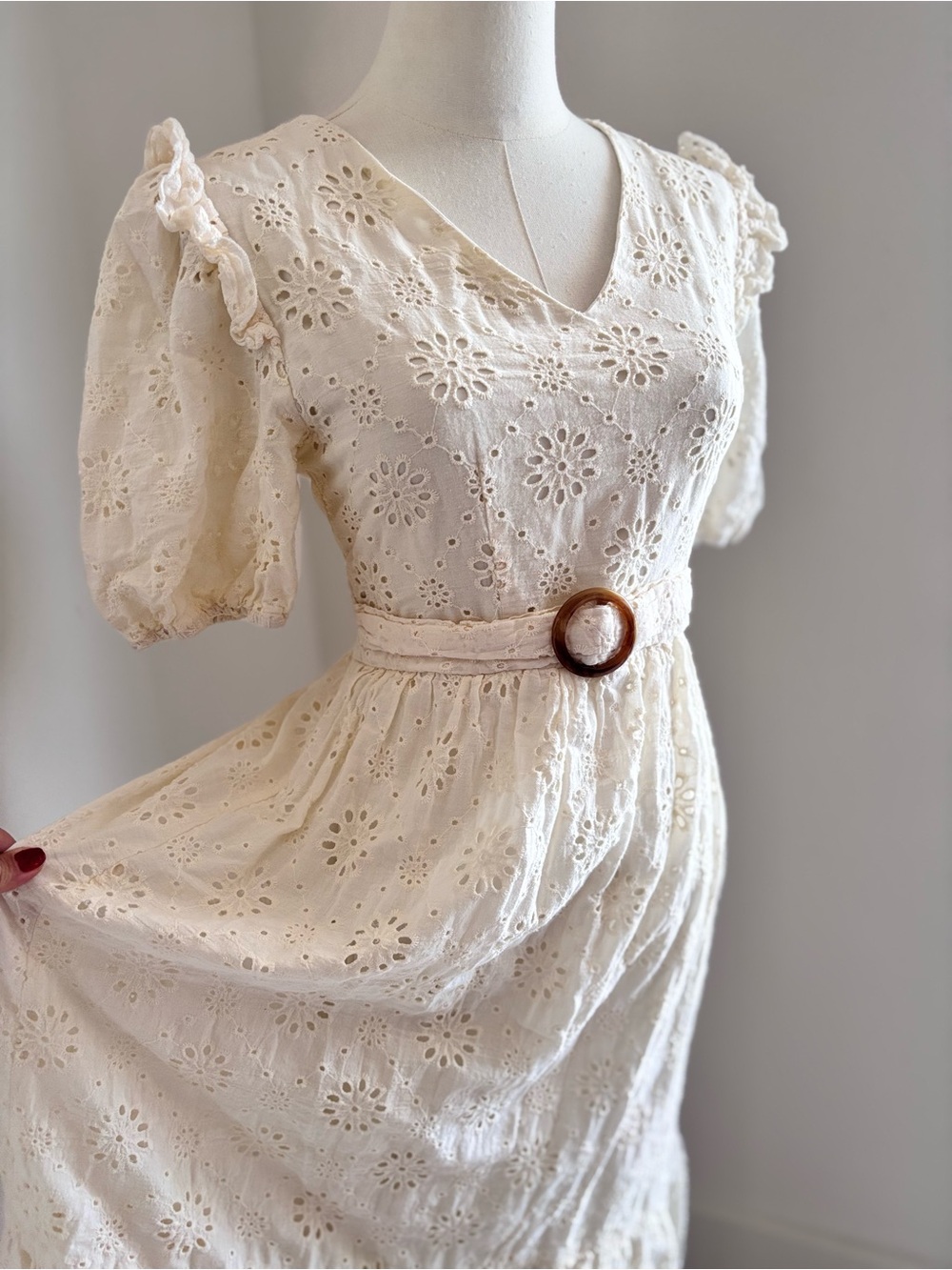 Cream Eyelet Midi Dress with Belted Waist - Picture 3 of 7